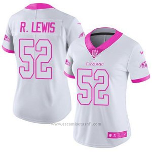 Camiseta NFL Limited Mujer Baltimore Ravens 52 Ray Lewis Blanco Rosa Stitched Rush Fashion