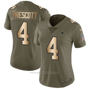 Camiseta NFL Limited Mujer Dallas Cowboys 4 Dak Prescott Verde Oro Stitched 2017 Salute To Service