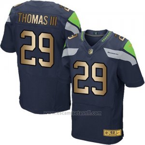 Camiseta Seattle Seahawks Thomas Iii Profundo Azul Nike Gold Elite NFL Hombre